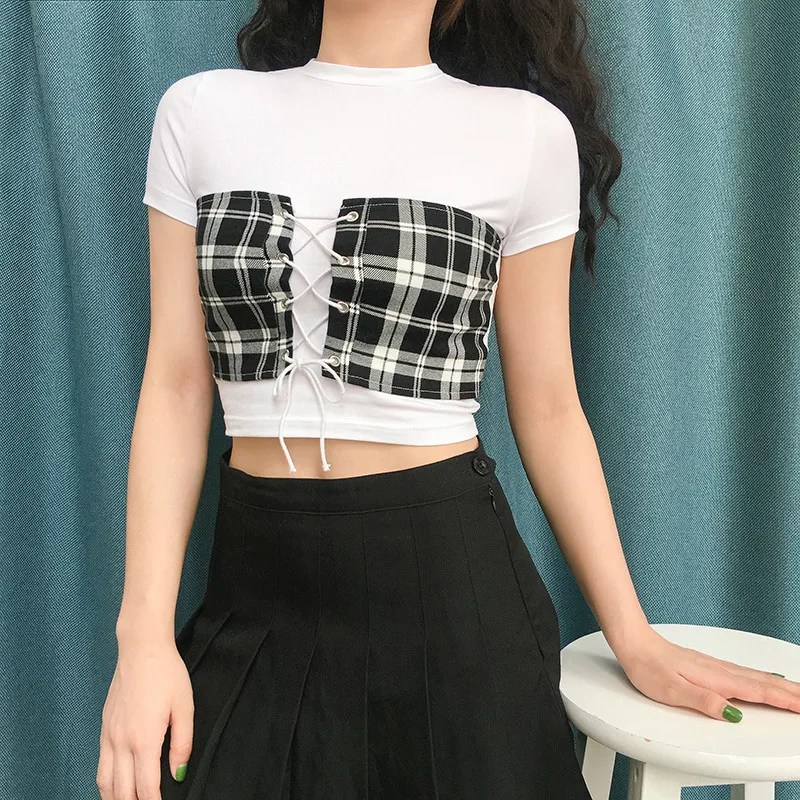 

2019 Fashion Women Bandeau Slim Club Wear Crop Top Patchwork Bandage Short Sleeve T-Shirt Summer Short Tee