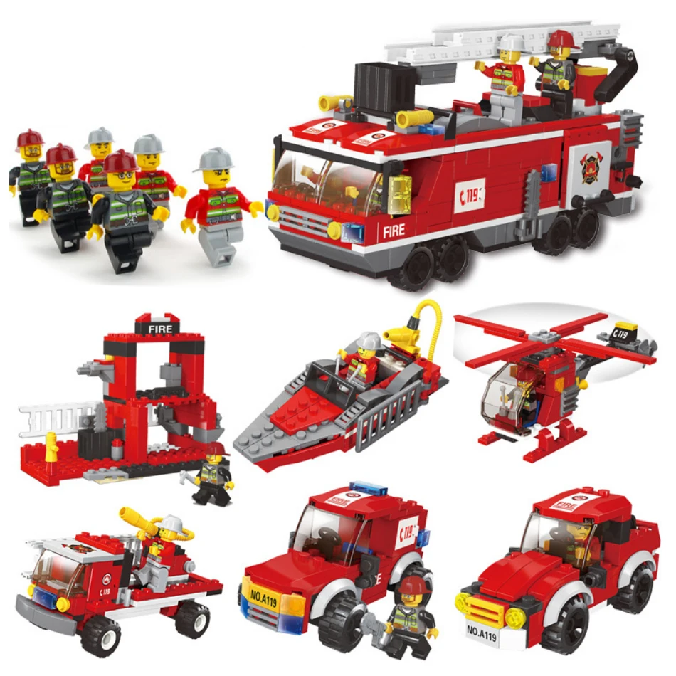 

520PCS 6in1 Fire Truck Boat Helicopter Firefighter Figures Compatible Legoingly City Police Building Blocks Toys For Children