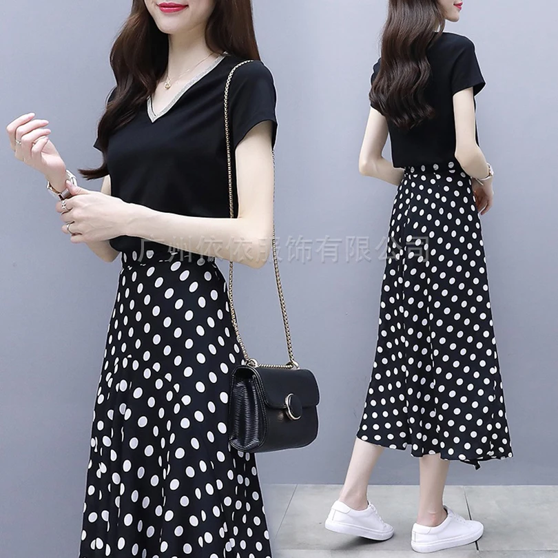 

Spring and summer new style Summer set of two sets V-neck wave long dress Irregular long skirt suit t-shirt+skirts