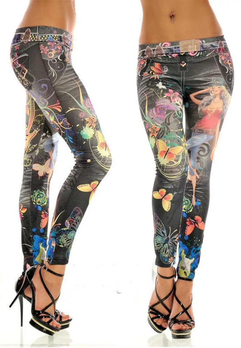 

Butterfly Flower Printed Pencil Pants Elastic Ankle-length Slim Punk Style Faux Denim Sexy Women Legging