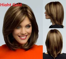 Synthetic Short Bob hair brown wigs blonde highlights bob wigs for women lady Short straight hair Wigs side bangs false hair