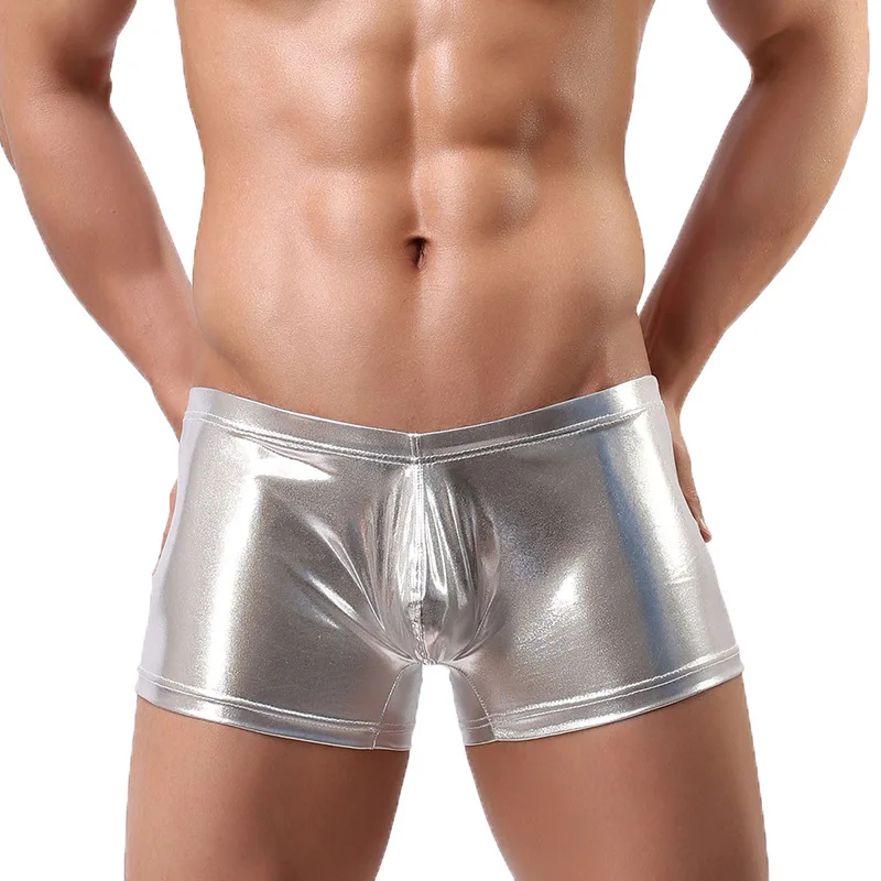 

Sexy Underwear Mens Faux Leather Boxers Shorts Silver Golden Trunks Elastic Man Low Waist Underpants Hombre Male Panties