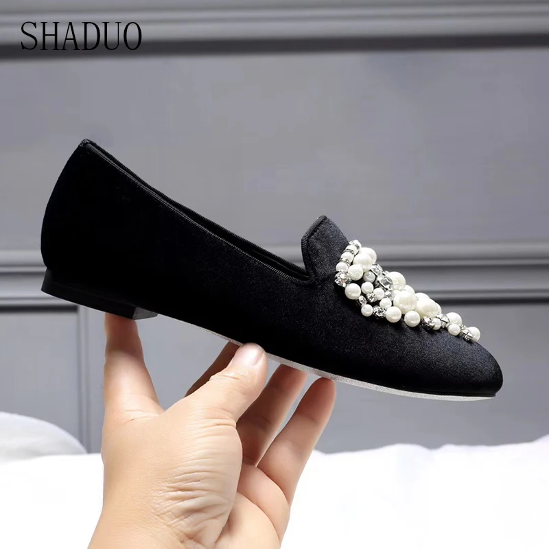 

2018 women top quality Genuine Leather stitching velvet pearl women's shoes hand-stitched flat bottom Lok Fu shoes casual shoes