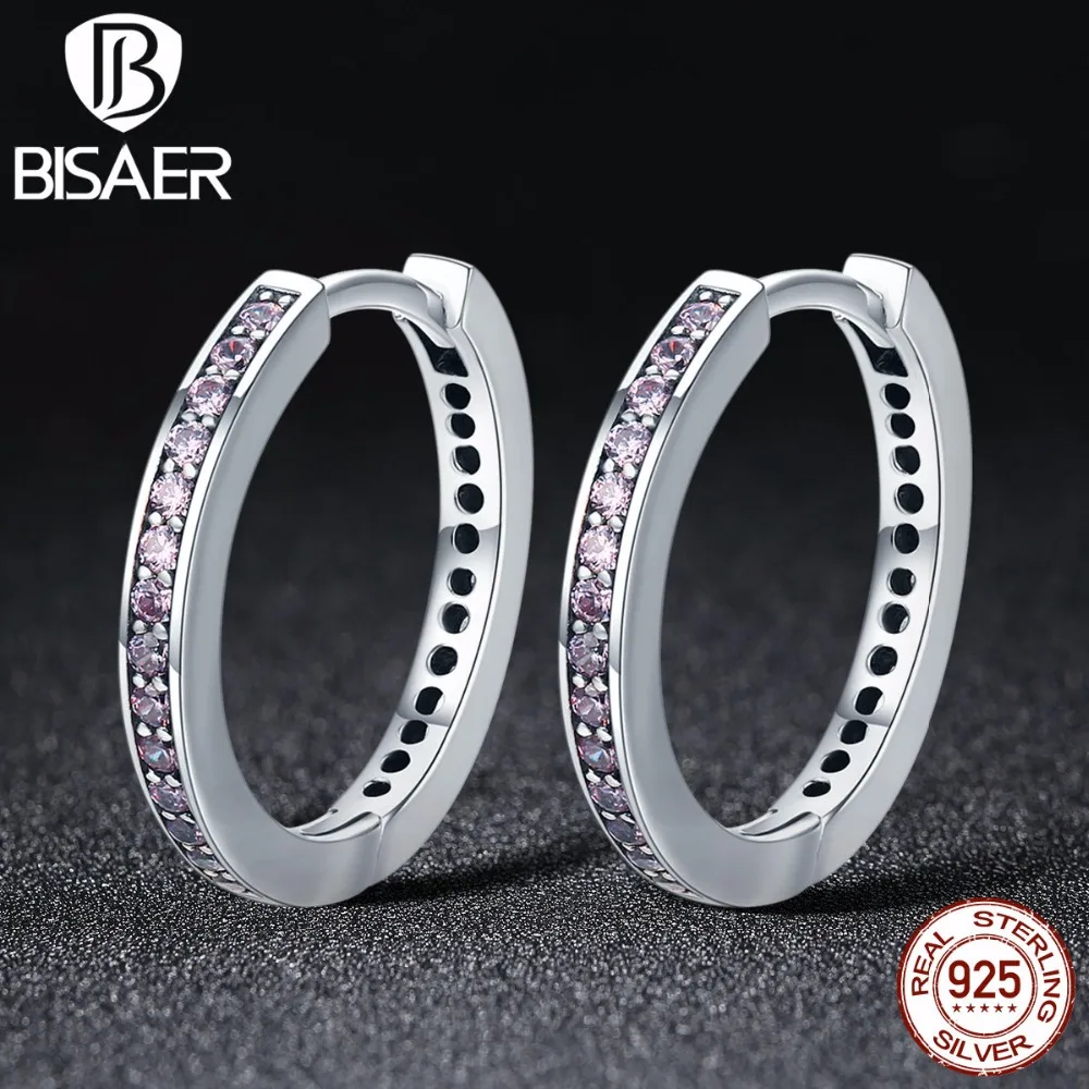 

BISAER 925 Sterling Silver Pink Cubic Round Circle Small Hoop Earrings for Women Simple Earrings Sterling Silver Jewelry WEUS529