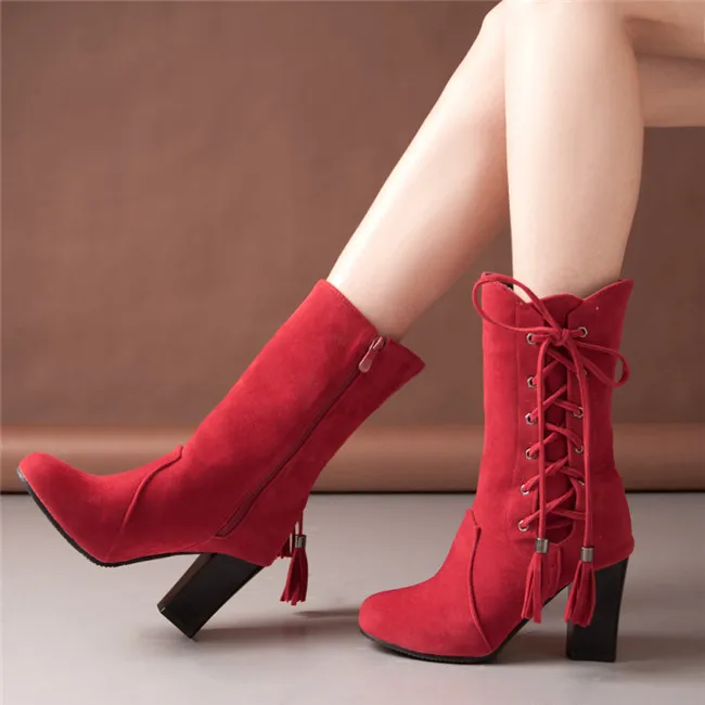 

YMECHIC Ladies Mid Calf High Lace Up Cross Tied Block Heel Flcok Riding Knight Boots Red Black Gray Womens Shoes Plus Size 34-43