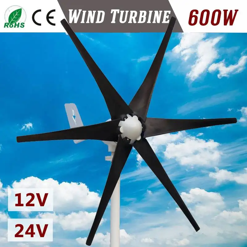 

600W 12 V 24 Volt 6 Nylon Fiber Blades Horizontal Wind Turbines Generator Power Windmill Energy Charger Kit Home Black