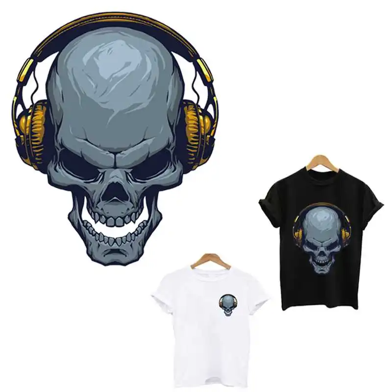 

stickers for clothes Skull listening to music patch application of one another iron on patches stripes for clothing applique
