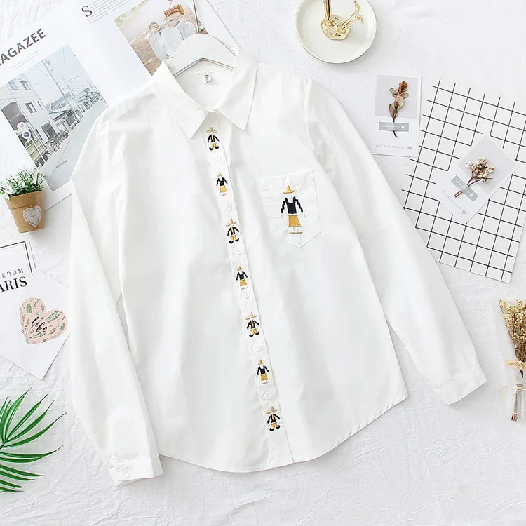 Новые женские хлопковые белые блузки на пуговицах, свободные, с длинным рукавом, модные, с мультяшной вышивкой, милые, Camisa Blusa Feminina T89002F - Цвет: White