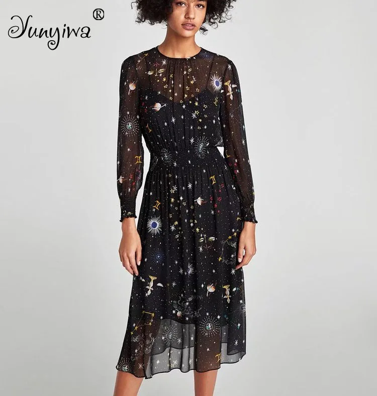 

Women Dress Casual Straight Print Full Sleeve Vestidos Chiffon Print O-Neck Summer Dresses