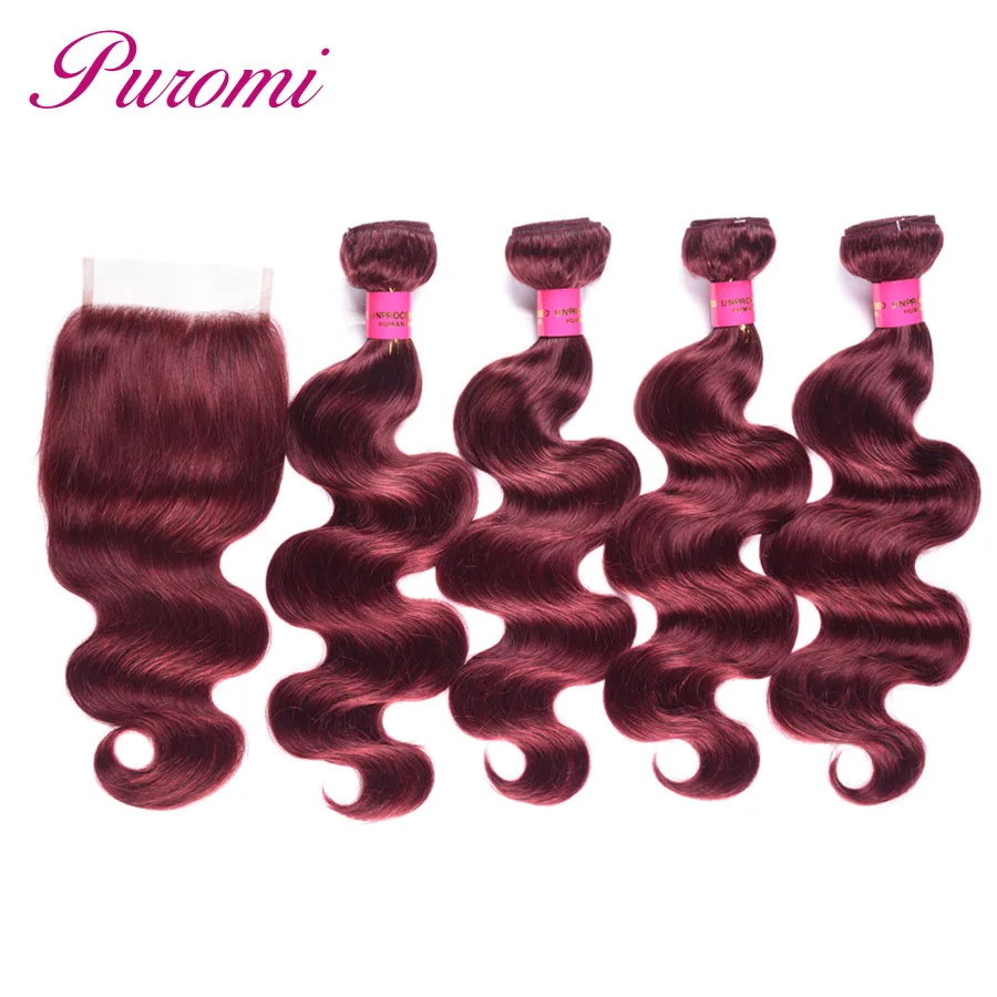 Puromi Hair Extension Colored 99J Brazilian Hair Weave Bundles with Closure 4x4 Free Part Body Wave Human Hair Bundles Non Remy Puromi Hair Extension Colored 99J Brazilian Hair Weave Bundles with Closure 4x4 Free Part Body Wave Human Hair Bundles Non Remy