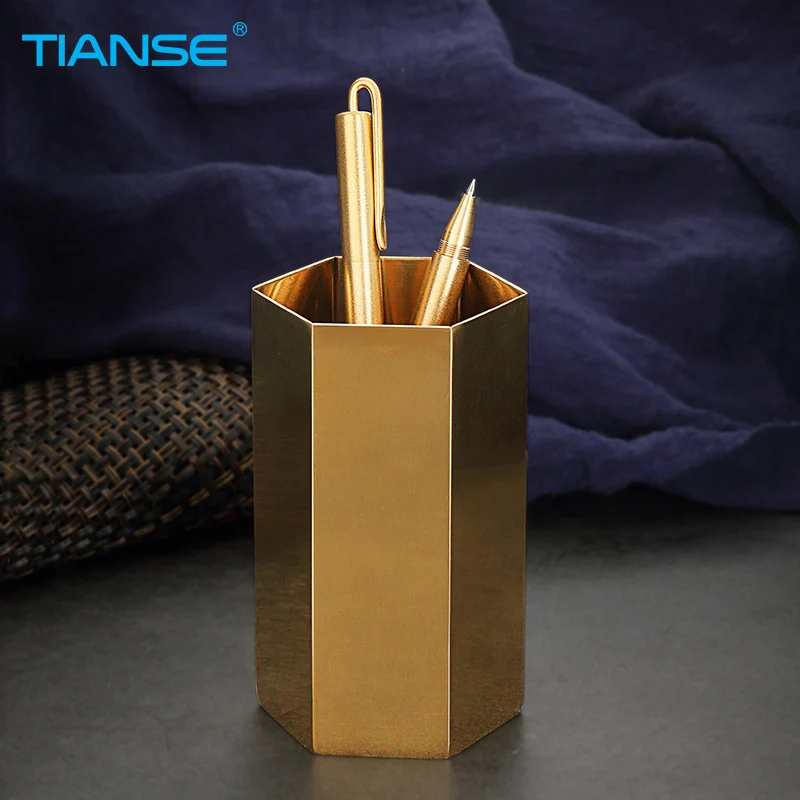 Tianse Golden Brass Pen Holder Stainless Steel Metal Desk