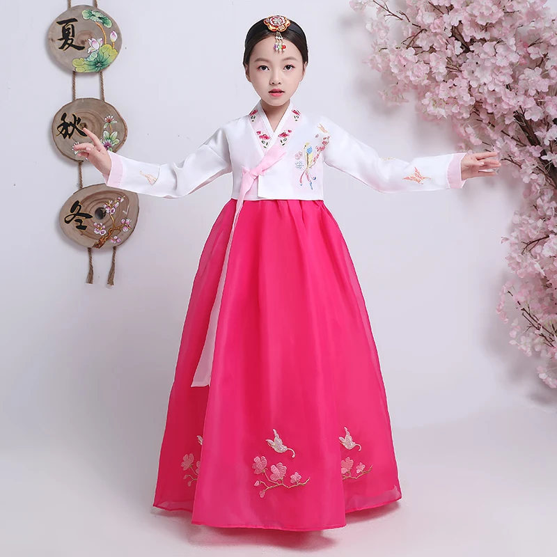 Роскошный подростковый Традиционный корейский Костюм-ханбок для девочек, комплект с платьем, v-образный вырез, цветочный принт, год, свадьба, вечеринка, танцевальные костюмы, сценическое представление