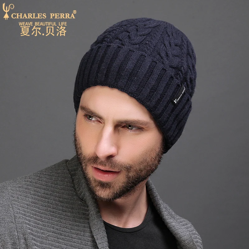 Charles Perra Erkekler Örme Şapkalar Kış Çift Katmanlı Kalınlaşmak Yün Şapka Moda Trendi Rahat Erkek Skullies Beanies 2017 YENI 4315