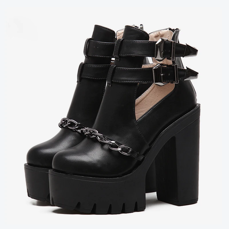 

BZBFSKY Women Thick High Heels Platform Ankle Boots Autumn Female Double Buckle Strap Chain Party Shoes Ladies Fashion Footwear