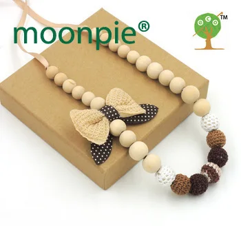Mommy Organic Teething bead necklace Nursing necklace , Crochet Necklace bow dot necklace brown white NW1602