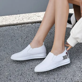 

MLJUESE 2019 fashion sneakers Cow leather white color slip on autumn spring loafers Vulcanize Shoes platform sneakers size 33-40