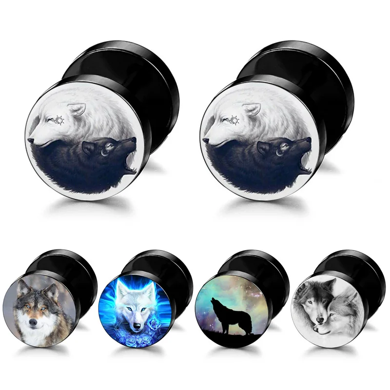 

POHOUR Stainless Steel Wolf Fake Cheater Ear Tunnel Plugs Piercing Unisex Barbell Dumbbell Punk Gothic Stud Earring