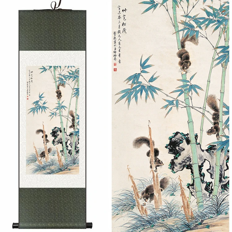 

Traditional Chinese Silk watercolor Animal Four squirrel bamboo ink art canvas wall picture damask framed scroll painting gift
