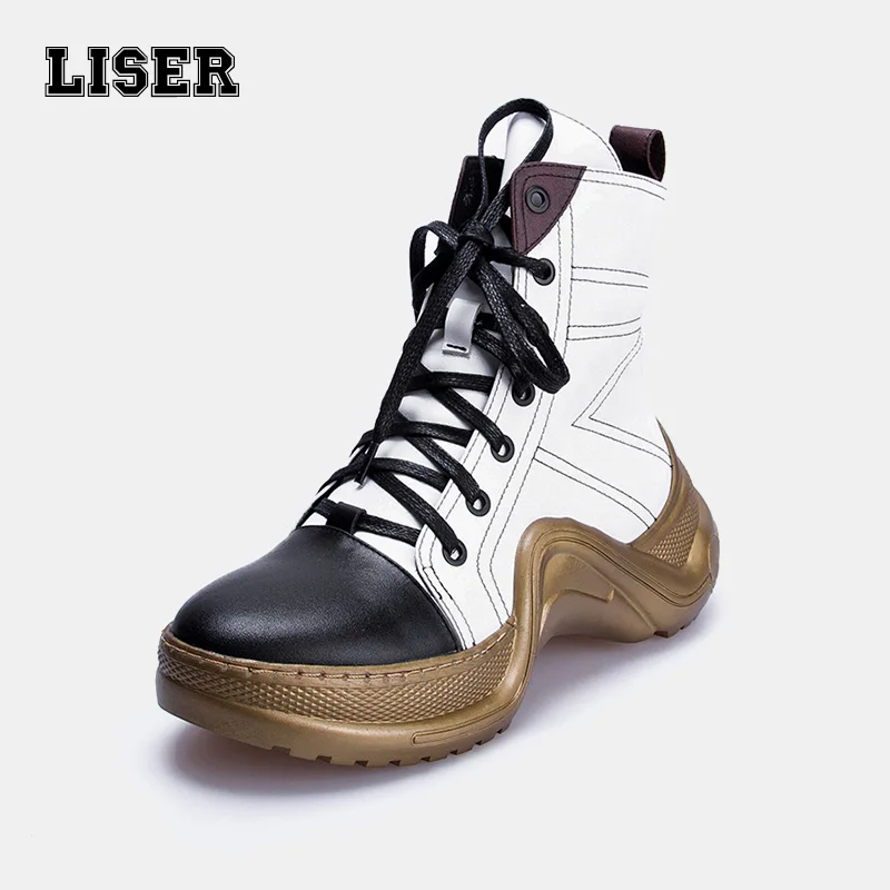 

top quality genuine leather women platform ankle boots laced up black white golden bottom futuristic space oddity runway booties