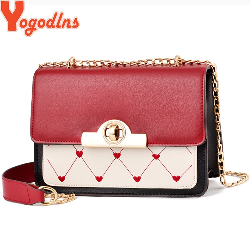 

Yogodlns Women's bag 2019 Love Embroidered Contrast Shoulder Bag Cube Ice Cream Color Joker Satchel Mini Chains Flap Bag