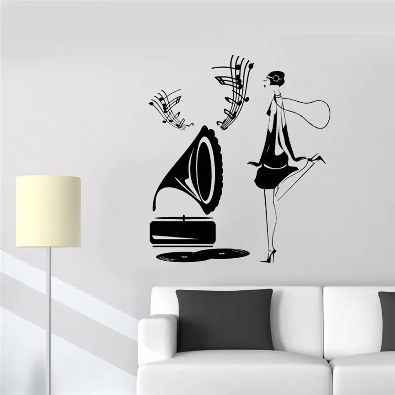 

Wall Sticker Gramophone Jazz Music Vintage Sheet Music Girl Vinyl Self-Adhesive Wall Decals Bedroom Living Room Home Decor