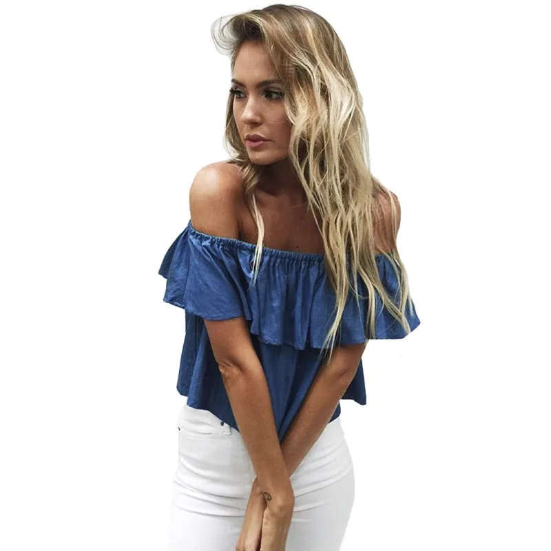 

2019 Summer New Word Collar Loose Leaf Edge Blue Short Sleeved Cowboy Shirt Shirt