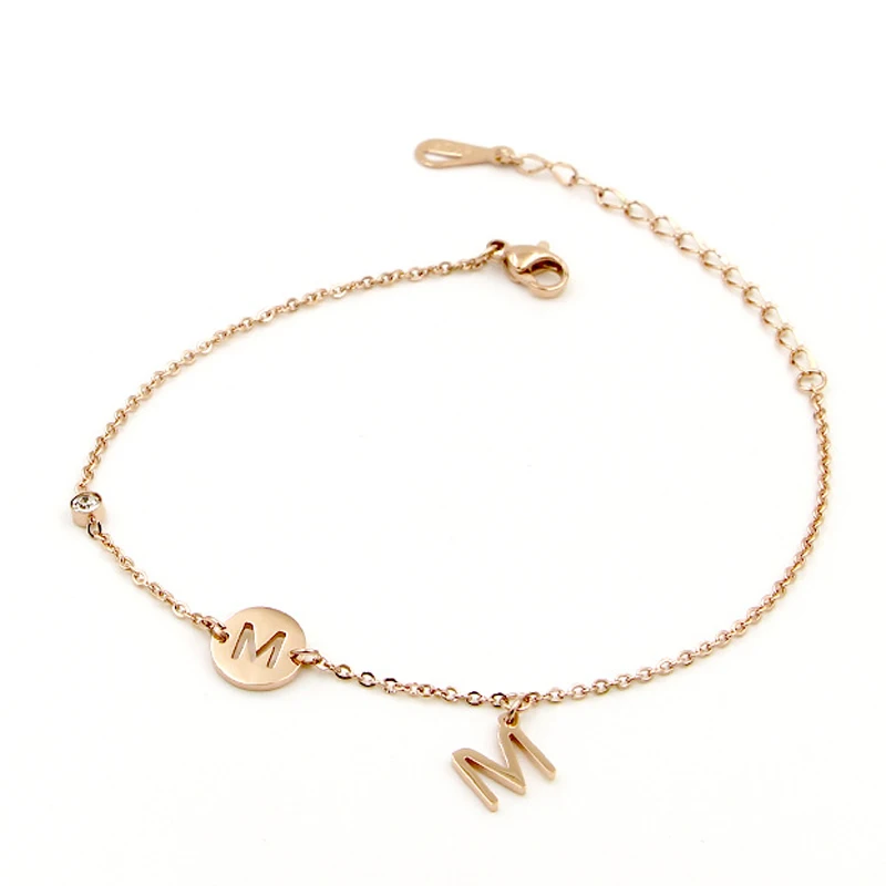 

New Beautiful Charm Zircon And M Letters And Hollow M Rose Gold Color Anklet Top Quality Titanium Steel Anklet Jewels For Women