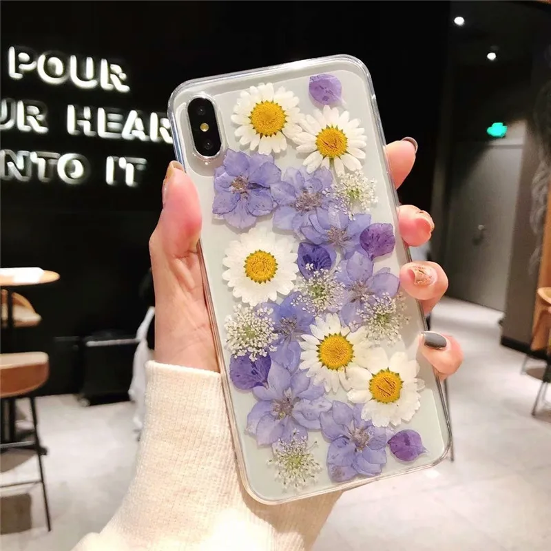 

Dried Real Flower Handmade Clear Pressed Phone Case For iPhone 6 6S 7 8 Plus X XS Max XR Case Soft Back Cover Capa