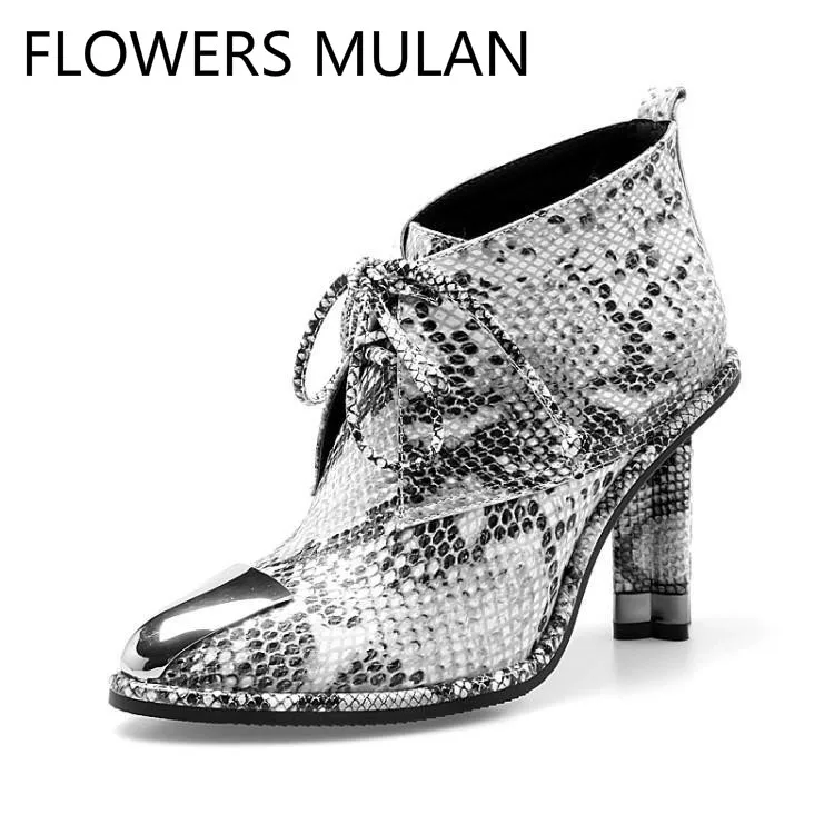 

Luxury Snake Black Leather Ankle Boots For Women Silver Metallic Round Toe High Square Heel Ladies Booties Lace Up Shoes Woman