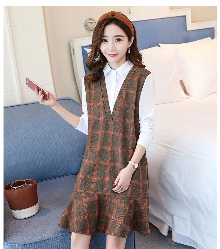 Maternity wear spring plaid stitching shirt collar loose fashion maternity dress women dress Long sleeve Cotton Pregnant Dress