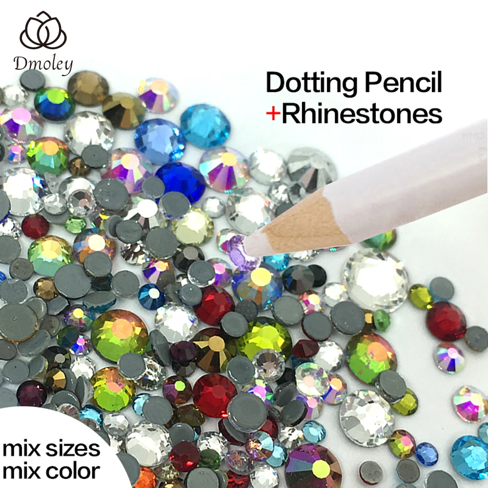 

Mix Color Nail Art Rhinestone & Picker Pencil Set Nail Art Gem Setter Pen Pick Up Tool Wax Crystal AB Color Flat Back Decoration