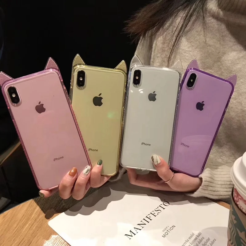3D чехол с кошачьими ушками для Iphone XS MAX XR X XS 8 7 Plus 6 мягкий, ТПУ, с блестками, ромбовидное розовое золото, прозрачный роскошный модный чехол для кожи 150 шт