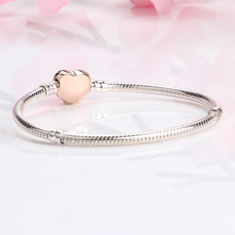 Серебряные шармы базовые браслеты для женщин розовое Золотое любовное сердце с полностью хрустальной змеиной цепочкой для Diy шарик шарм DPB108