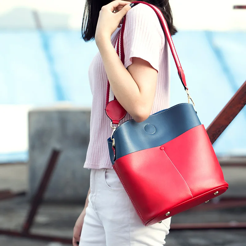 

2019 Women Cow Leather Composite Bucket Bag Female Shoulder Bags Ladies Crossbody Messenger Bags Women Large Capacity Handbag