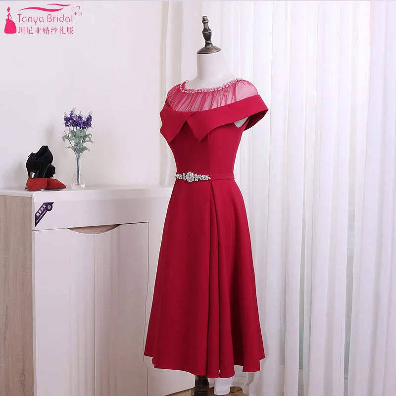 

Burgundy A Line Homecoming Dresses Sheer Neck Tea Length Party Formal Dresses Three Color Back To School Wear ZHM041