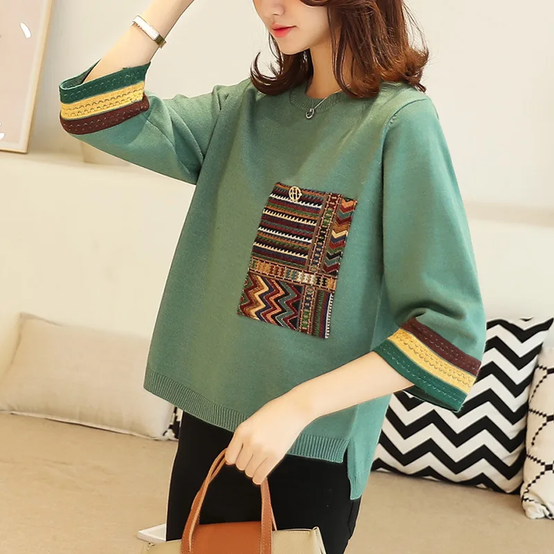 

Women Sweater 2019 Fall Autumn O Neck Three Quarter Sleeve Patchwork Knitwear Bohemian Side Slit Knitted Jumper Women Pullovers