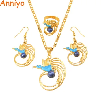 

Anniyo PNG Bird With Blue Pearl Necklace Earrings Ring Sets for Women Gold Color Papua New Guinea Party Jewelry Style #156306