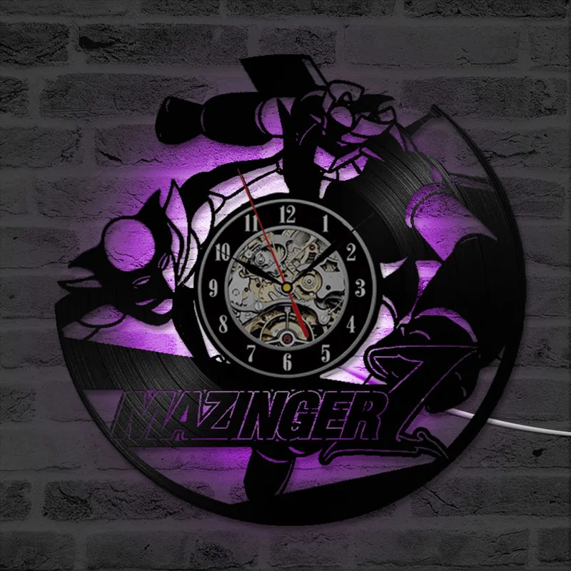 

Mazinger Vinyl Record Wall Clock with 7 Different Colors Change Anime Movie Theme LED Clocks Wall Watch Home Decor 12 inch