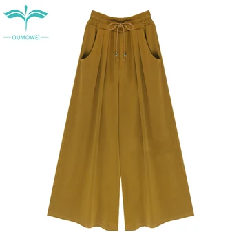 

Oumowei Summer Loose Wide Leg Pants Elastic Waist Plus Size Casual Trousers Woman Solid High Waist Ankle-Length Pants 5XL 6XL
