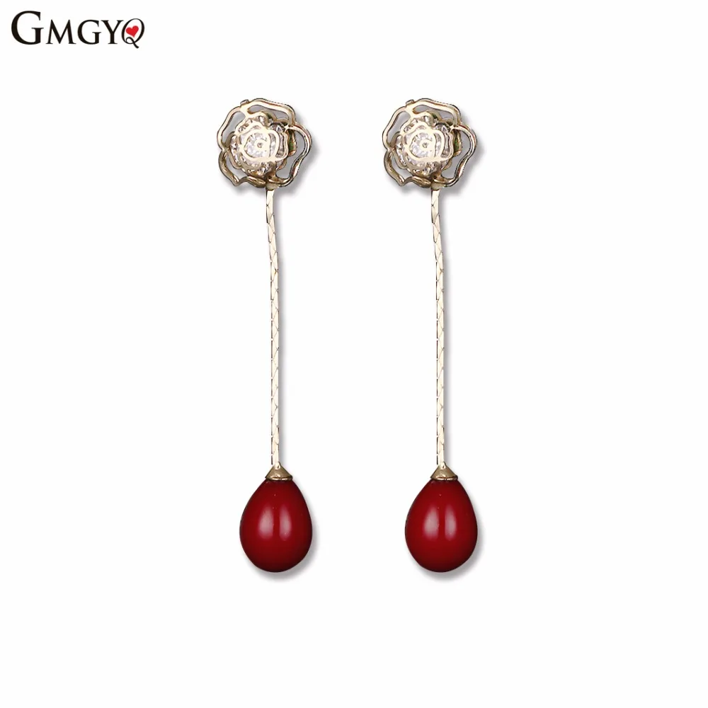 

GMGYQ Zircons Merk Fashion CZ Crystal Bungelende Drop Red Pearl Rose Goud Kleur Zirconia Sieraden Voor Vrouwen Bohemian Jewelry