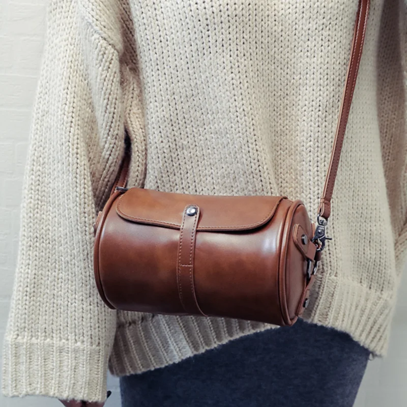 Женская мягкая кожаная круглая сумка-мешок в стиле ретро, художественная сумка через плечо, Новая повседневная сумка на плечо в японском стиле, женская маленькая сумка - Цвет: Шоколад