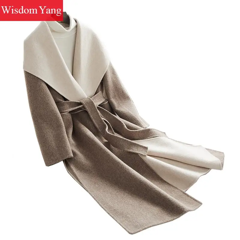 

Elegant Autumn Coffee Sheep Wool Womens Coats Winter Warm Female Belt Woolen Long Office Ladies Overcoat Woman Coat Outerwear