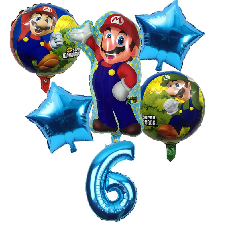 6pcs Super Mario Balloons 32 inch Number Balloons Boy Girl Birthday Party Mario Luigi Bros Mylar Blue Red Balloon Set Decor - Цвет: blue 6