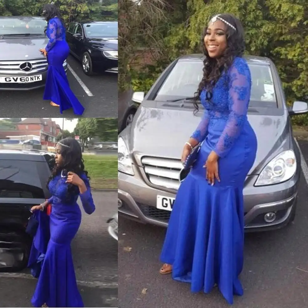 

Royal Blue African Mermaid Evening Dresses Long Sleeves Large Size Evening Dress O Neck Illusion Zipper Back Muslim Evening Gown