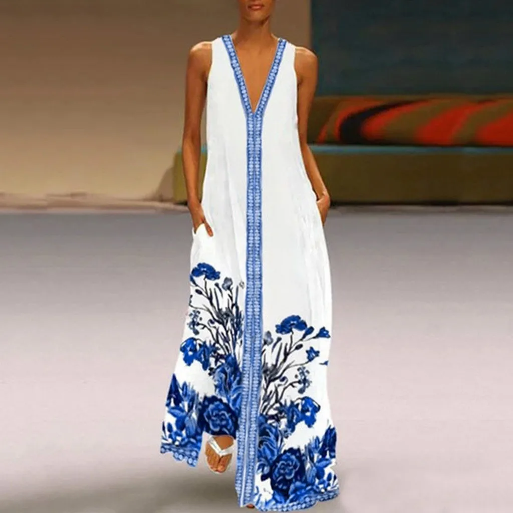 Plus Size Women Vintage V Neck Splicing Floral Printed Sleeveless Maxi Dress dresses woman party night dresses woman sundress Plus Size Women Vintage V Neck Splicing Floral Printed Sleeveless Maxi Dress dresses woman party night dresses woman sundress