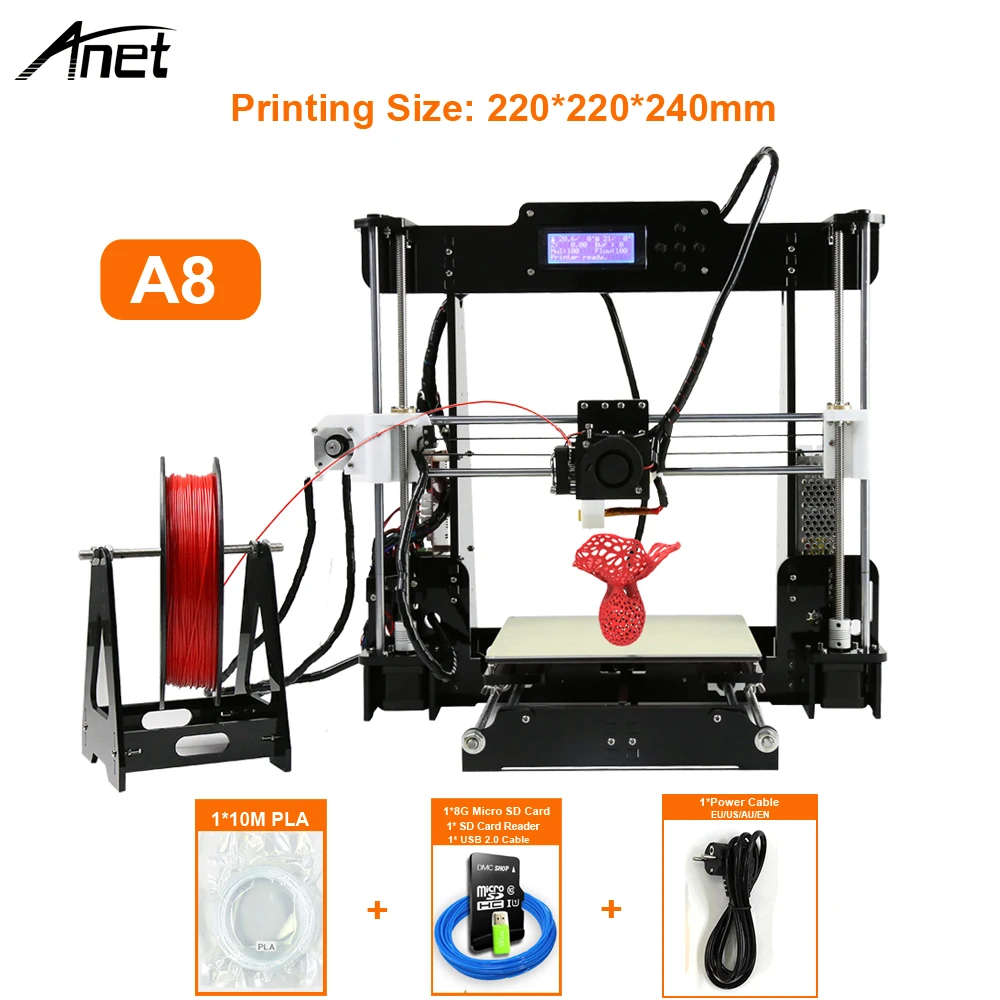 

2019 Anet A8 3D Printer 2004 LCD Low Noisy High Precision Desk 3D DIY Kit Printer TF Card/USB/Online Printing 200*200*240mm