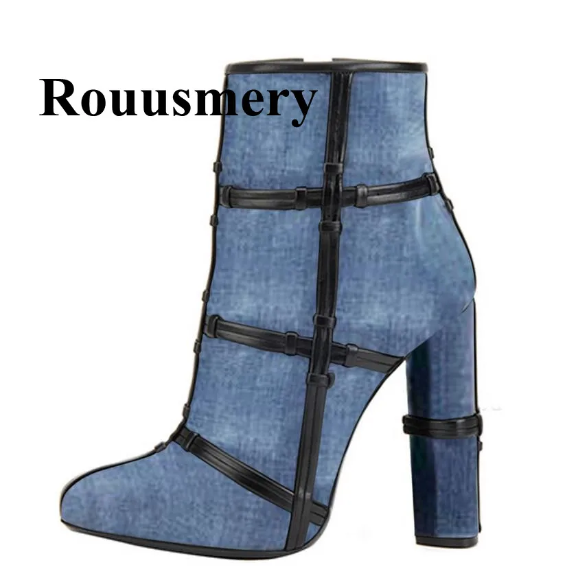 

Winter Newest Fashion Denim Round Toe Ankle Boots Side Zipper Round HeeL High Heel Two Color Women Short Boots Normal Size