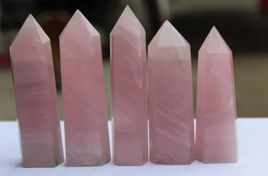 

5pcs Natural beautiful Rose quartz crystal Wand Point Healing Six arrises column