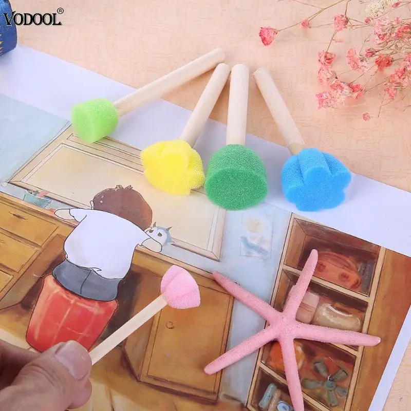 VODOOL 5pcs/set DIY Wooden Art Painting Brushes Sponge Graffiti Pen Kids Doodle Early Drawing Toy Home Paint School Supplies