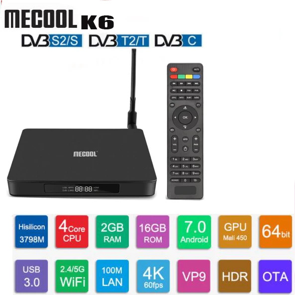 Медиаплеер MECOOL K6 DVB s2-t2-C Android 7,0 2 Гб ОЗУ 16 Гб ПЗУ 2,4 ГБ+ 5 Гб WiFi USB3.0 Bluetooth 4,1 100 Мбит/с 4K - Цвет: 2G 16G